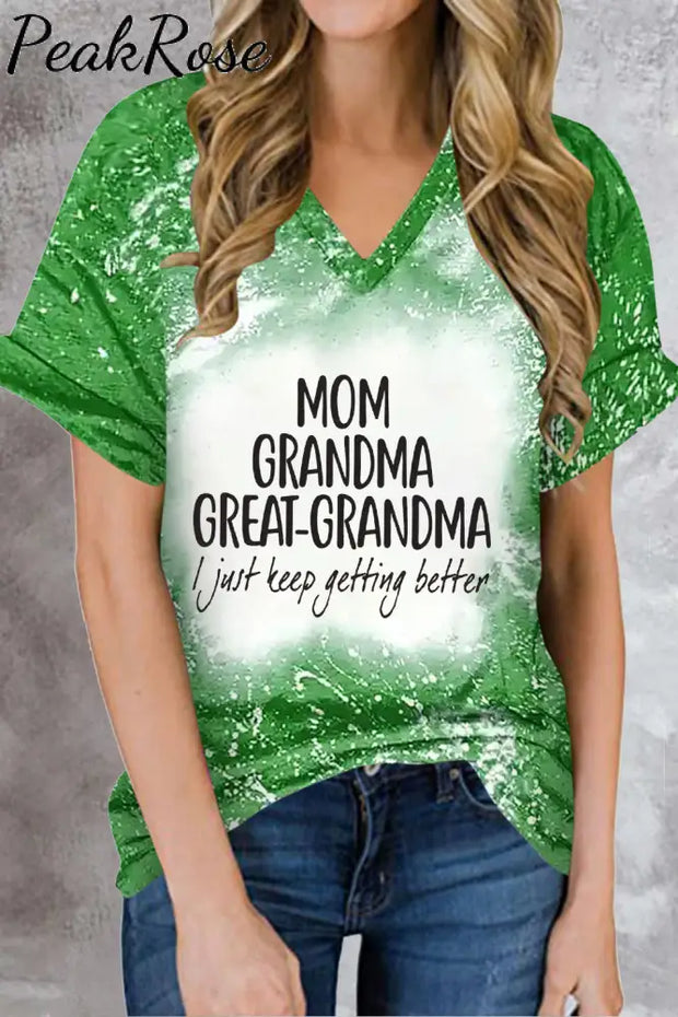 Mom Grandma Great-Grandma Bleached Print V-Neck T-Shirt Green / S T-Shirt