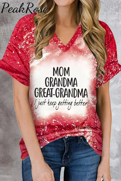 Mom Grandma Great-Grandma Bleached Print V-Neck T-Shirt Red / S T-Shirt