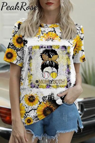 Mom Of Both Softball And Baseball Sunflower Round Neck Short Sleeve T-Shirt S / Yellow