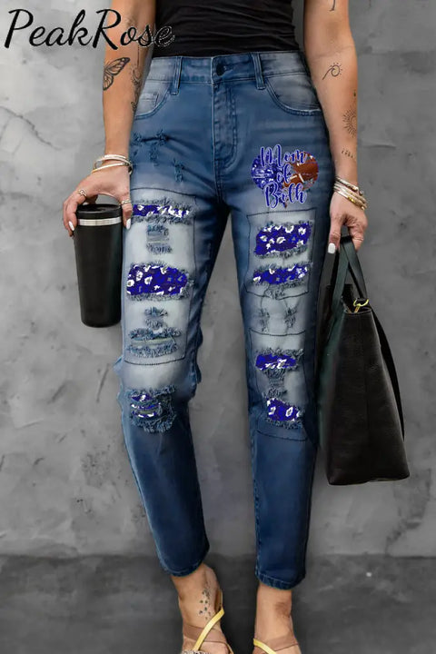 Mom Of Both Theme & Football Pattern Ripped Denim Jeans