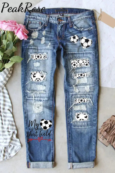 My Heart Is On That Field Denim Print Splicing Ripped Jeans