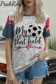 My Heart Is On That Field Denim Print Splicing Round Neck T-Shirt T-Shirt