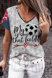 My Heart Is On That Field Denim Print Splicing T-Shirt