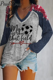 My Heart Is On That Field Denim Print Splicing V Neck Short Sleeve T-Shirt