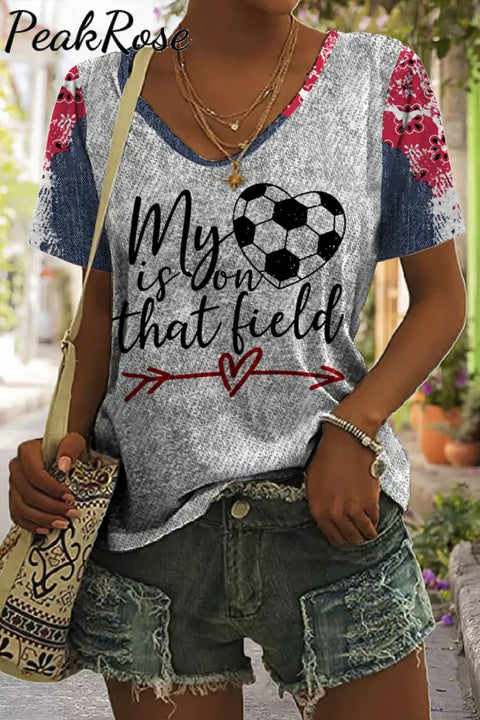 My Heart Is On That Field Denim Print Splicing V-Neck T-Shirt T-Shirt