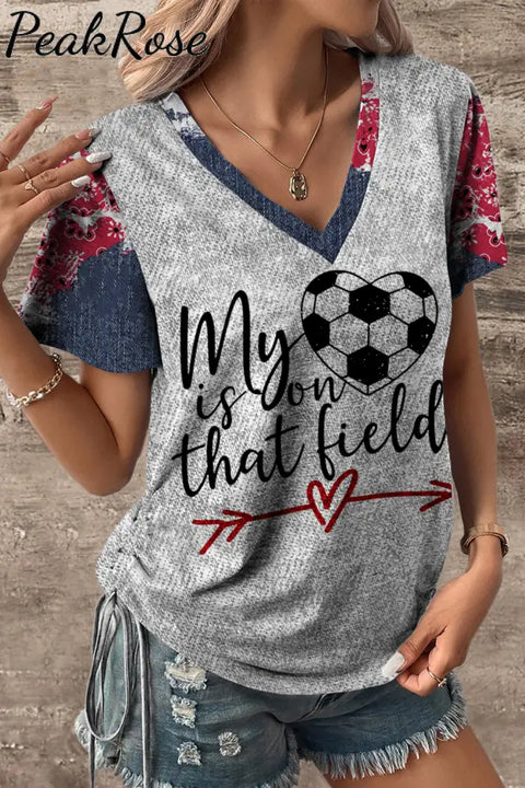 My Heart Is On That Field Denim Print Splicing V-Neck T-Shirt T-Shirt