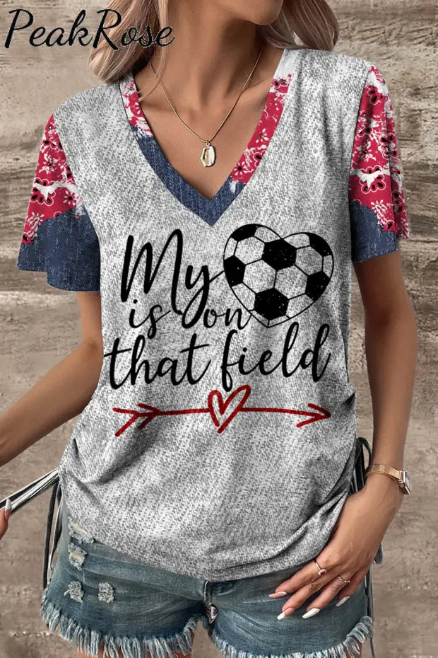 My Heart Is On That Field Denim Print Splicing V-Neck T-Shirt T-Shirt