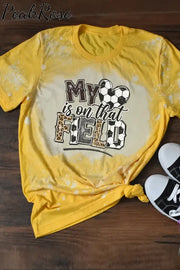 My Heart Is On That Field Soccer Ball Bleached Print T-Shirt Yellow / S