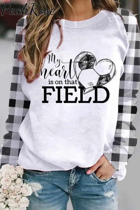 My Heart Is On That Field Soccer Ball Plaid Print Sweatshirt S /