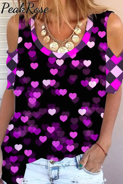 Neon Fancy Pink Purple Heart Print Cold Shoulder T-Shirt T-Shirt