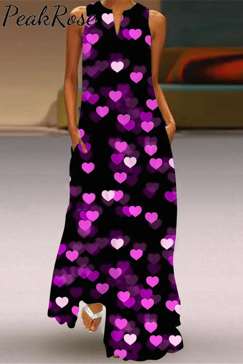 Neon Fancy Pink Purple Heart Print Sleeveless Maxi Dress