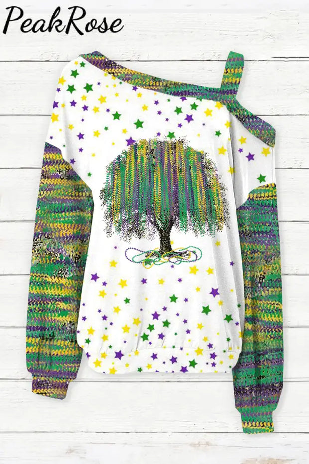 New Orleans Mardi Gras Watercolor Bead Tree Print Off-Shoulder Blouse