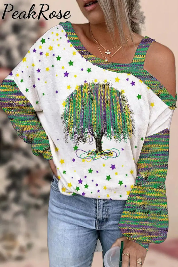 New Orleans Mardi Gras Watercolor Bead Tree Print Off-Shoulder Blouse S / Green