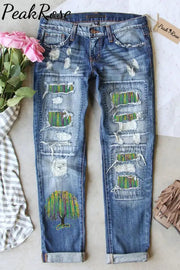 New Orleans Mardi Gras Watercolor Bead Tree Print Ripped Denim Jeans S