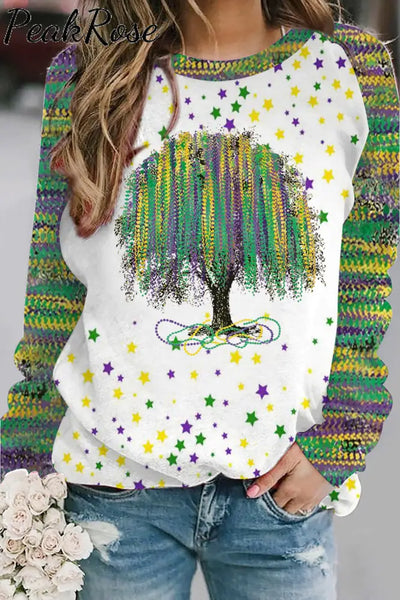 New Orleans Mardi Gras Watercolor Bead Tree Print Sweatshirt Green / S