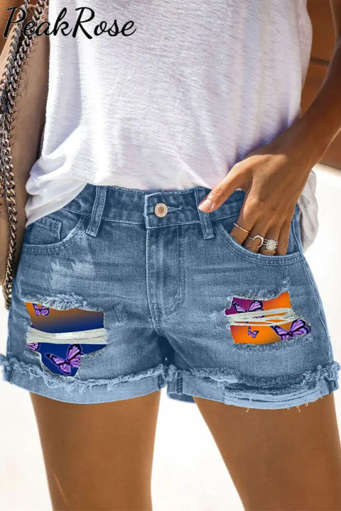 Nightfall And Butterflies Denim Ripped Shorts