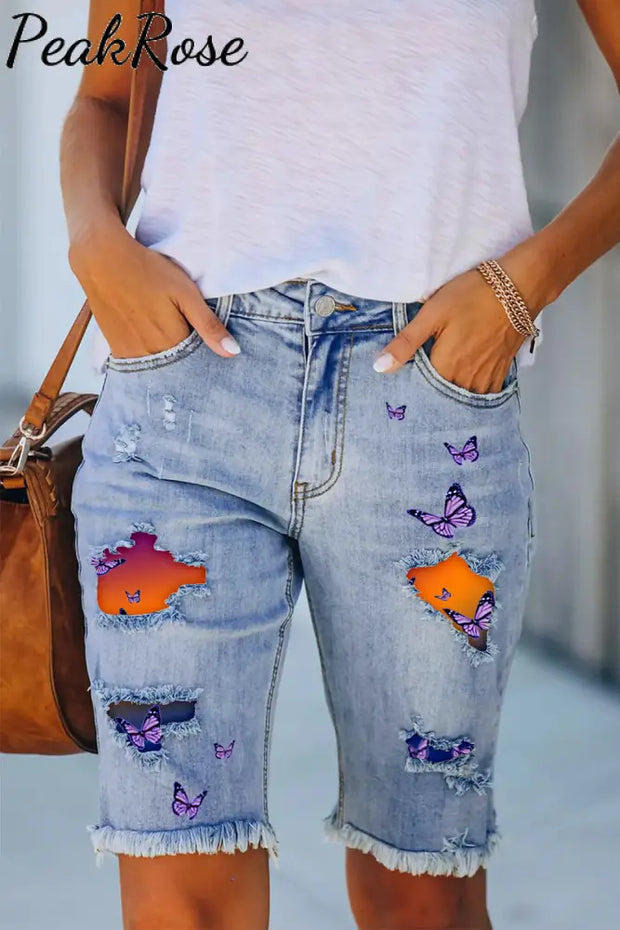 Nightfall And Butterflies Ripped Bermuda Denim Shorts