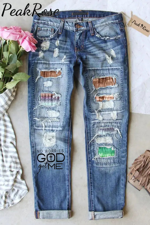 No Worries Got Me Christian Print Ripped Denim Jeans