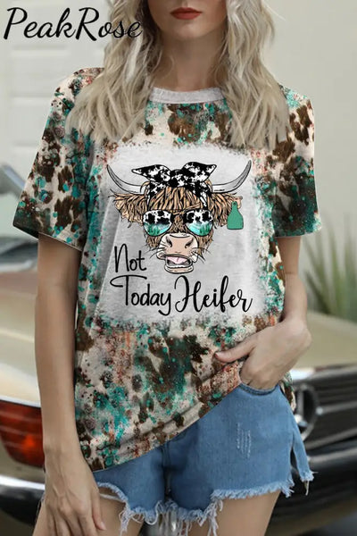 Not Today Heifer Highland Cow Western Leopard Print Round Neck T-Shirt Photo Color / S T-Shirt