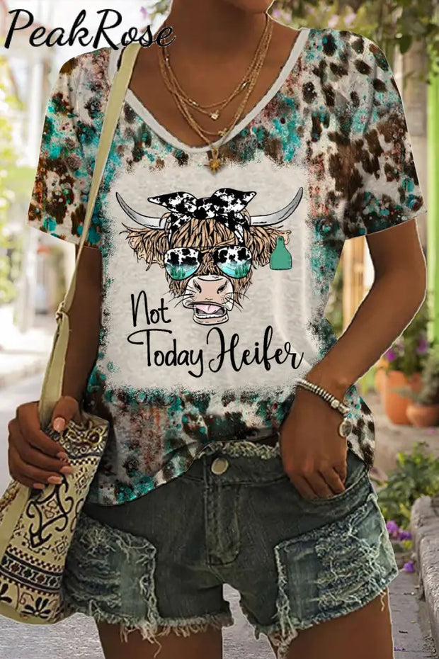 Not Today Heifer Highland Cow Western Leopard Print V Neck T-Shirt T-Shirt