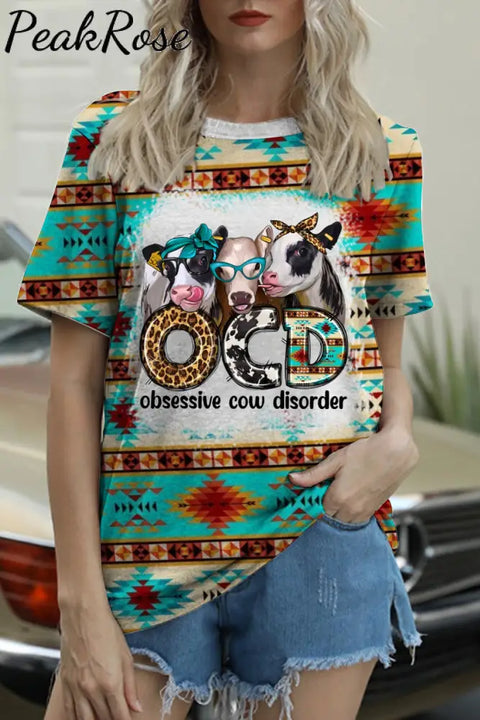 Ocd Obsessive Cow Disorder Western Leopard Print Round Neck T-Shirt Photo Color / S T-Shirt