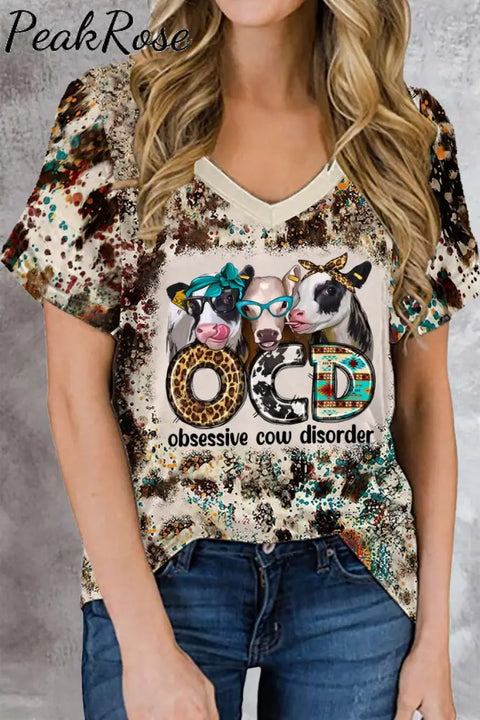 Ocd Obsessive Cow Disorder Western Leopard Print Tie-Dye V Neck T-Shirt S / Photo Color T-Shirt