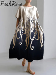 Ocean Octopus Japanese Art Linen Blend Casual Dress Beige / S Hot Sell