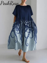 Ocean Octopus Japanese Art Linen Blend Casual Dress Blue / S Hot Sell