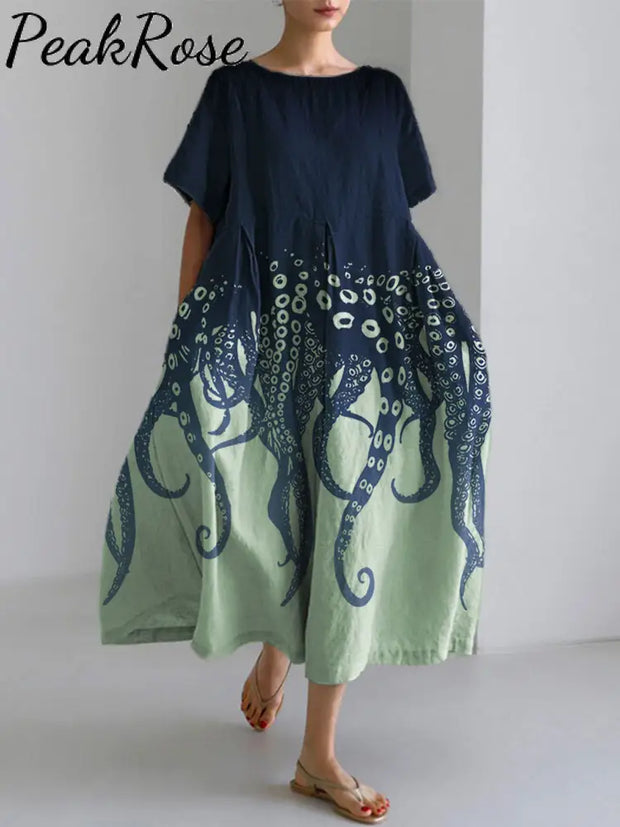 Ocean Octopus Japanese Art Linen Blend Casual Dress Green / S Hot Sell