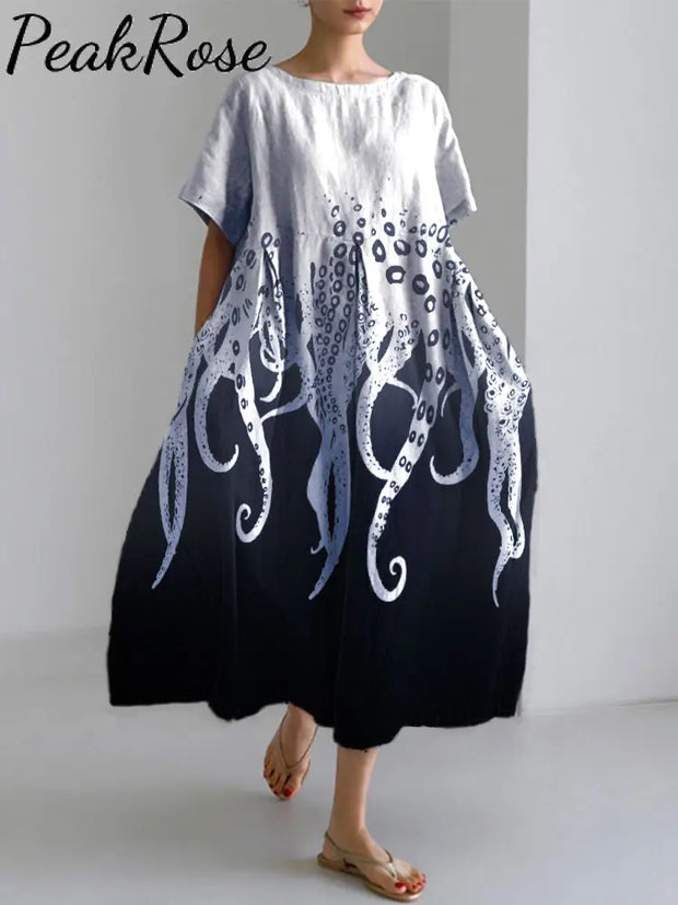 Ocean Octopus Japanese Art Linen Blend Casual Dress Light Blue / S Hot Sell