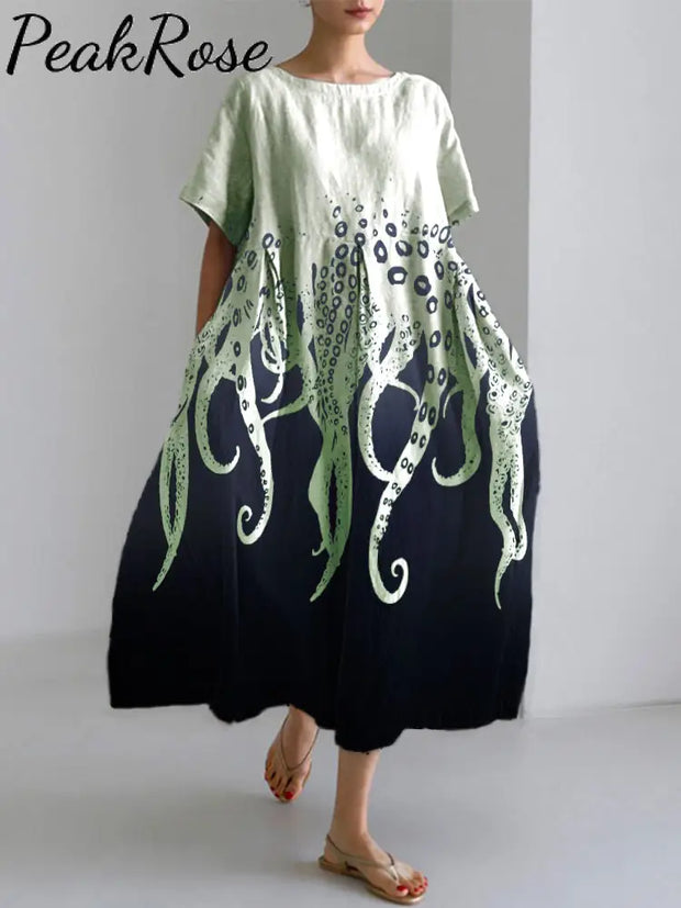 Ocean Octopus Japanese Art Linen Blend Casual Dress Light Green / S Hot Sell