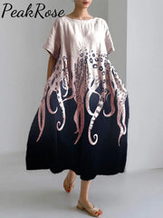 Ocean Octopus Japanese Art Linen Blend Casual Dress Light Pink / S Hot Sell