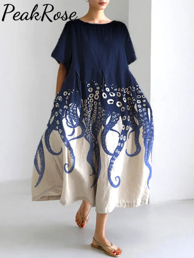 Ocean Octopus Japanese Art Linen Blend Casual Dress Navy / S Hot Sell