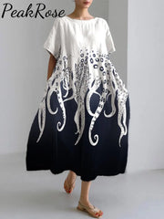 Ocean Octopus Japanese Art Linen Blend Casual Dress White / S Hot Sell