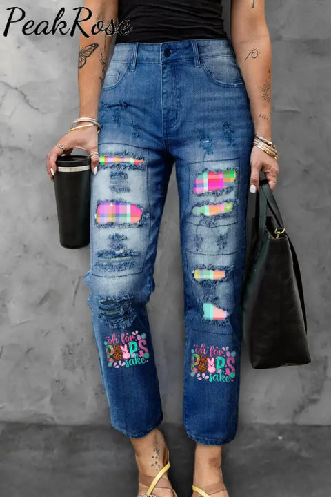 Oh For Peeps Sake Bunnies Egg Happy Easter Ripped Denim Jeans