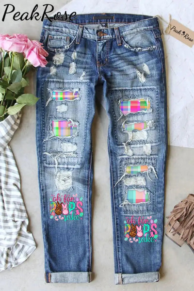 Oh For Peeps Sake Bunnies Egg Happy Easter Ripped Denim Jeans S