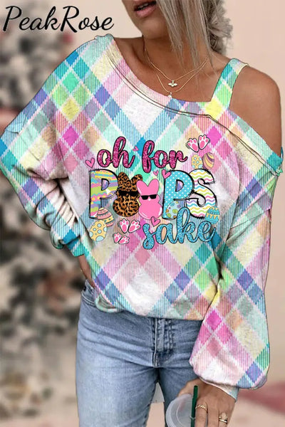 Oh For Peeps Sake Funny Easter Bunny Macarons Plaid Print Off-Shoulder Blouse