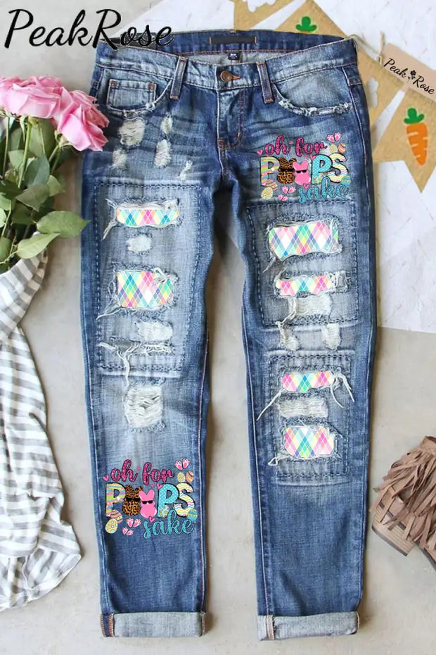 Oh For Peeps Sake Funny Easter Bunny Macarons Plaid Print Ripped Denim Jeans