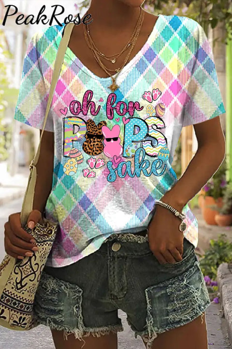 Oh For Peeps Sake Funny Easter Bunny Macarons Plaid Print V-Neck T-Shirt T-Shirt