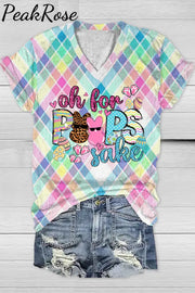 Oh For Peeps Sake Funny Easter Bunny Macarons Plaid Print V-Neck T-Shirt T-Shirt