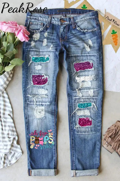 Oh For Peeps Sake Funny Easter Bunny Polka Print Ripped Denim Jeans