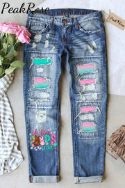 Oh For Peeps Sake Happy Easter Day Bunny Glitter Bleached Print Denim Jeans S