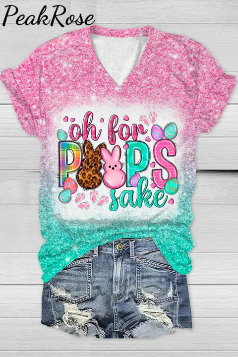 Oh For Peeps Sake Happy Easter Day Glitter Bleached Print V Neck T-Shirt Gradient / S