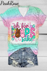 Oh For Peeps Sake Happy Easter Day Glitter Bleached Print V Neck T-Shirt Gradient / S