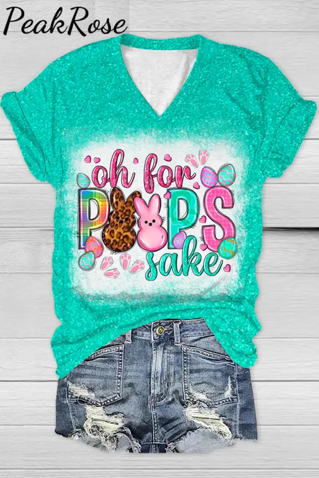 Oh For Peeps Sake Happy Easter Day Glitter Bleached Print V Neck T-Shirt Green / S