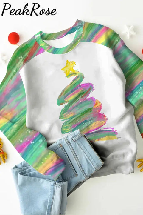 Oil Painting Christmas Tree Print Sweatshirt