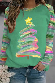 Oil Painting Christmas Tree Print Sweatshirt S / Green