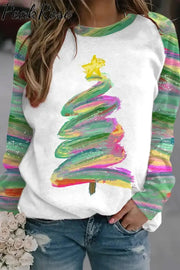 Oil Painting Christmas Tree Print Sweatshirt S / White