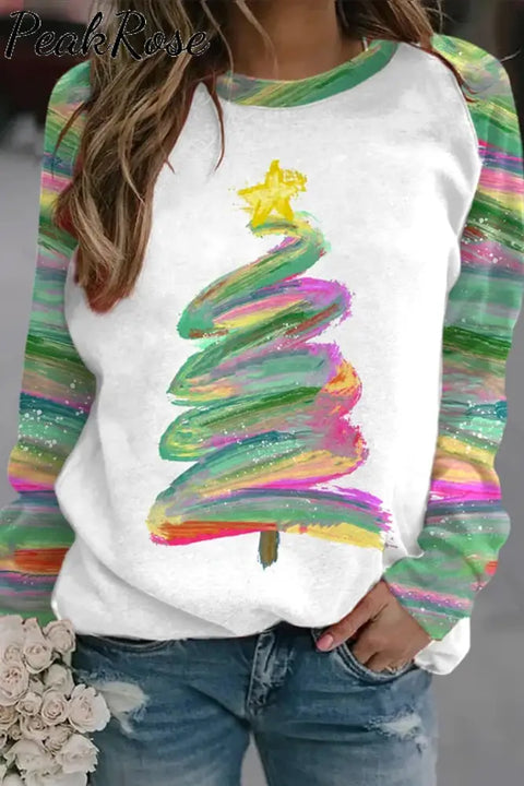 Oil Painting Christmas Tree Print Sweatshirt S / White