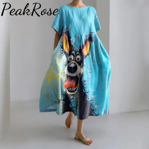 Oil Painting Cut Dog Print Short Sleeve Loose Midi Dress Blue / S Hot Sell